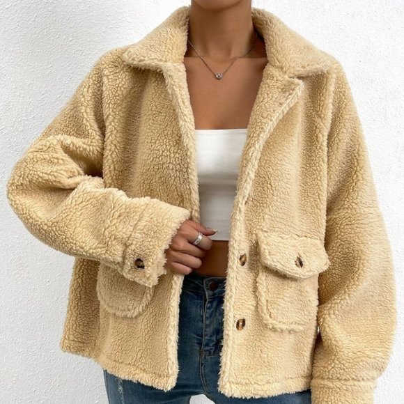 fall winter casual button teddy faux fur button down coat trending - Picture 4 of 6